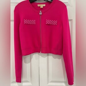 Michael Kors Hot Pink Stud-Embellished Cropped Zip Sweater